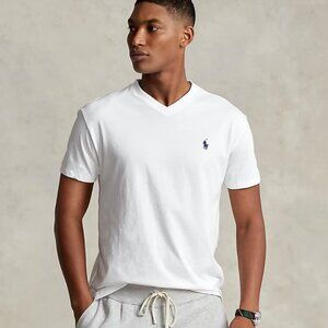 NWT Polo RALPH LAUREN Classic Fit Jersey V-Neck T-Shirt White Navy Polo Pony L